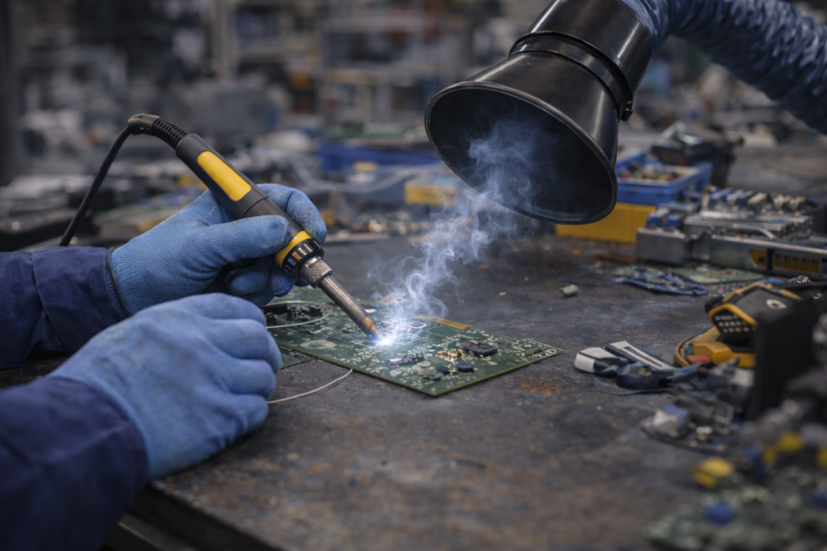 Technician soldering a PCB while a fume extractor hood captures rising flux fumes at the workstation.