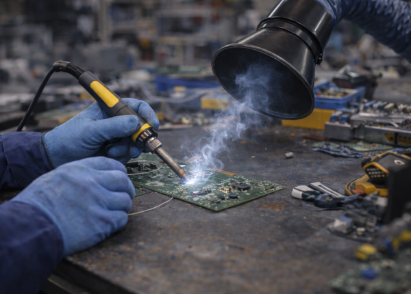 Technician soldering a PCB while a fume extractor hood captures rising flux fumes at the workstation.