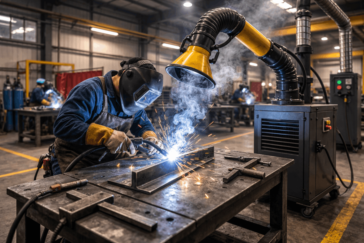 Welder using a source capture welding fume extractor to remove smoke at the welding arc in an industrial workshop