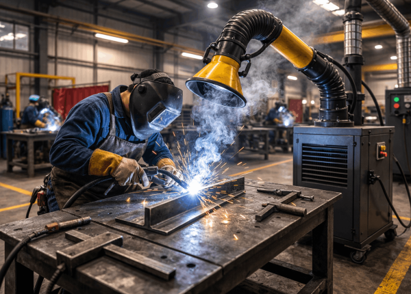 Welder using a source capture welding fume extractor to remove smoke at the welding arc in an industrial workshop