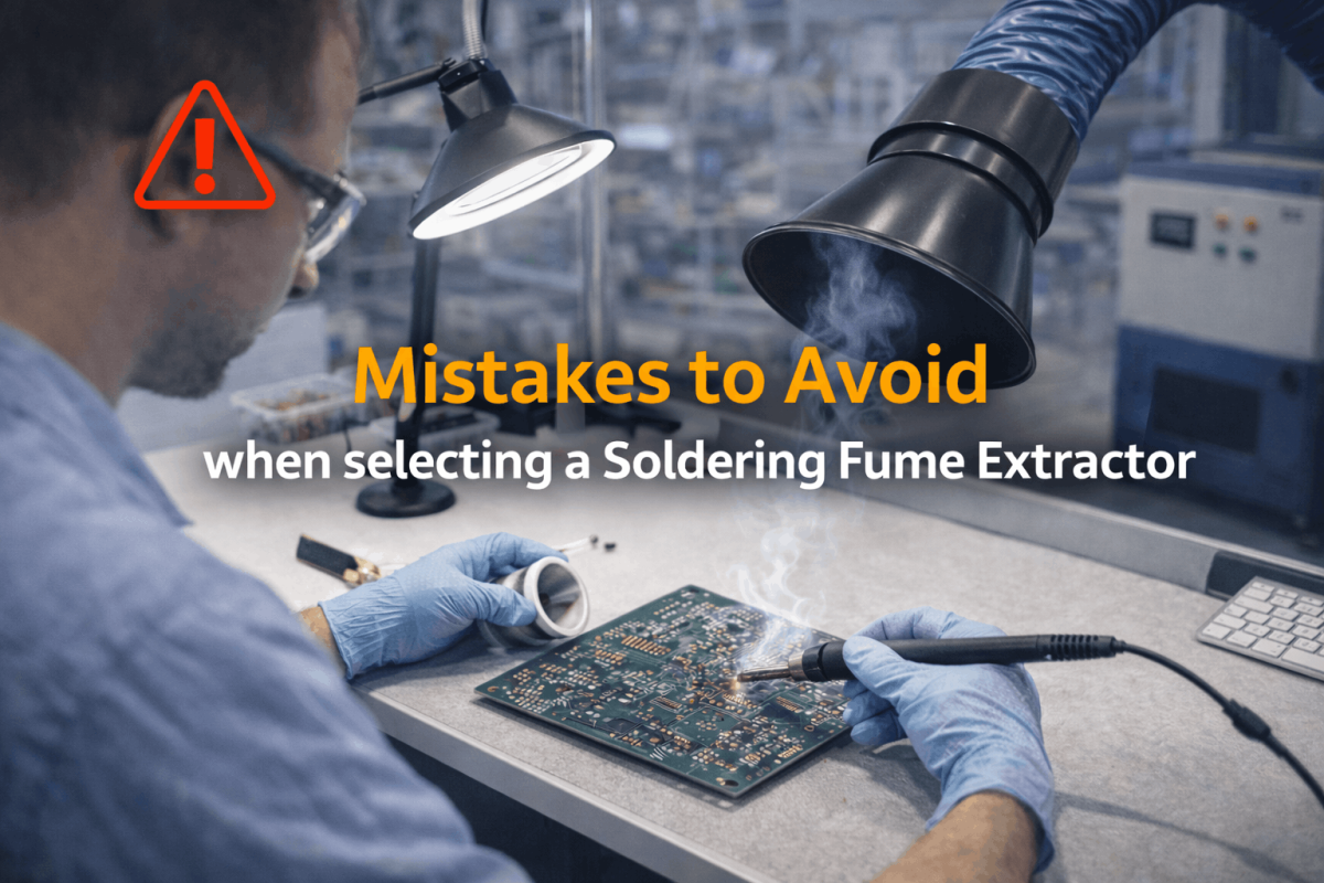 Electronics soldering workstation with a fume extractor hood capturing soldering fumes at the PCB work area.