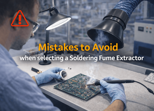Electronics soldering workstation with a fume extractor hood capturing soldering fumes at the PCB work area.