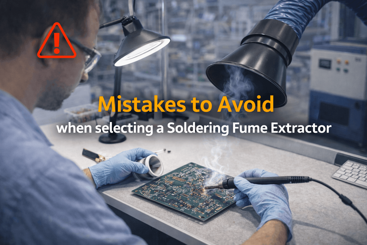 Electronics soldering workstation with a fume extractor hood capturing soldering fumes at the PCB work area.