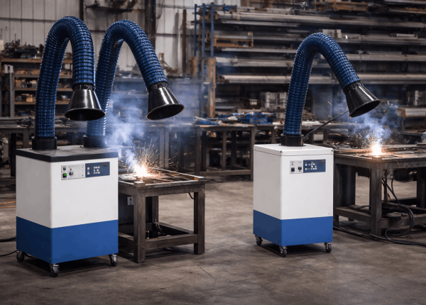 Twin-arm and single-arm welding fume extractors positioned beside welding stations in an industrial workshop.