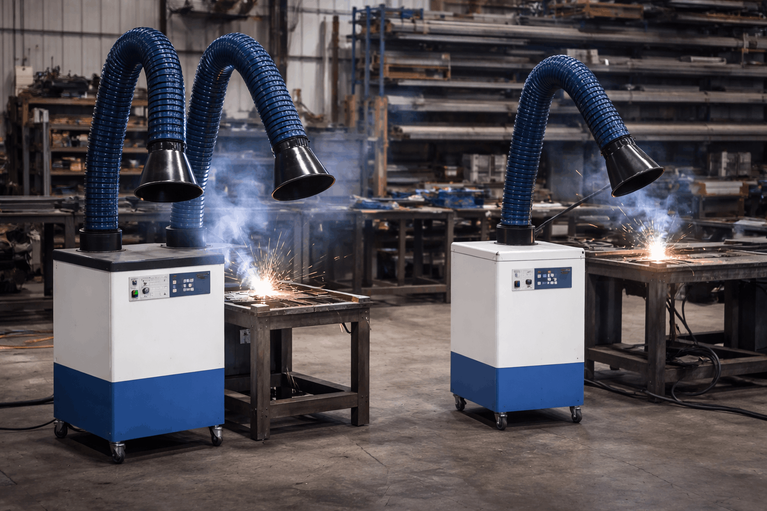 Twin-arm and single-arm welding fume extractors positioned beside welding stations in an industrial workshop.
