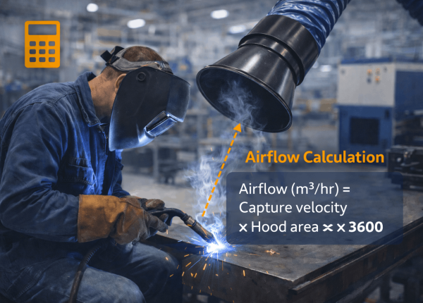 Welding fume extractor hood positioned near the weld to capture fumes during metal welding operations.