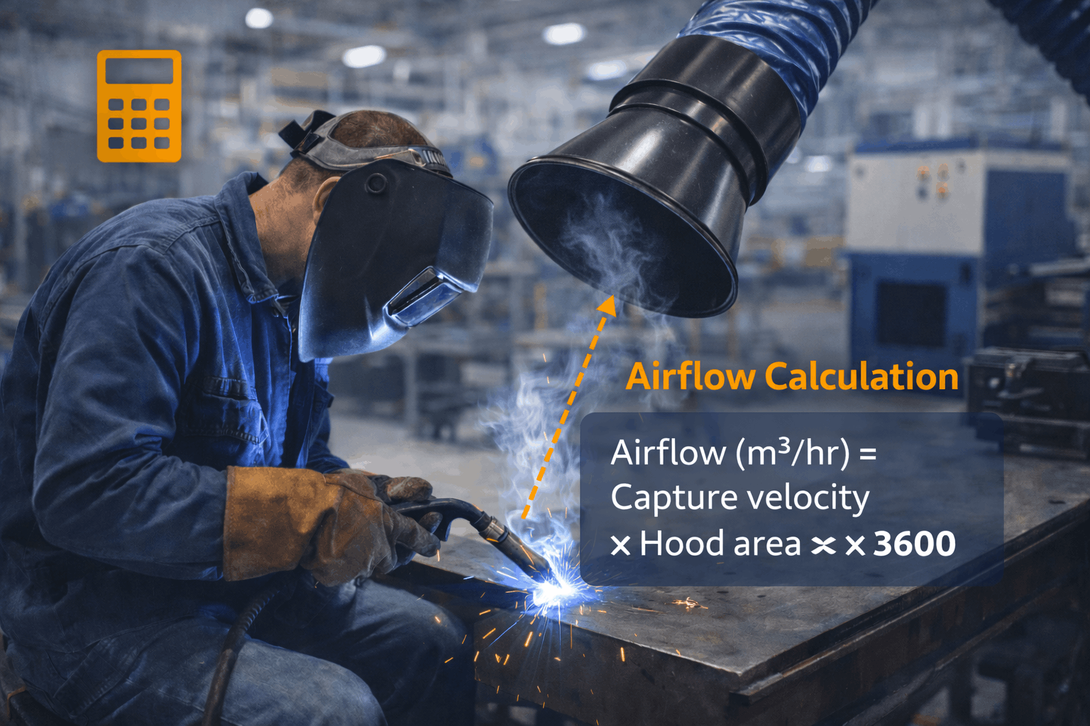 Welding fume extractor hood positioned near the weld to capture fumes during metal welding operations.