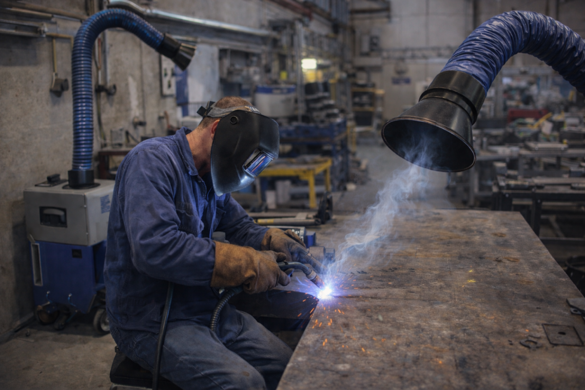 Welder working in a compact fabrication shop with a welding fume extractor capturing fumes at the source.