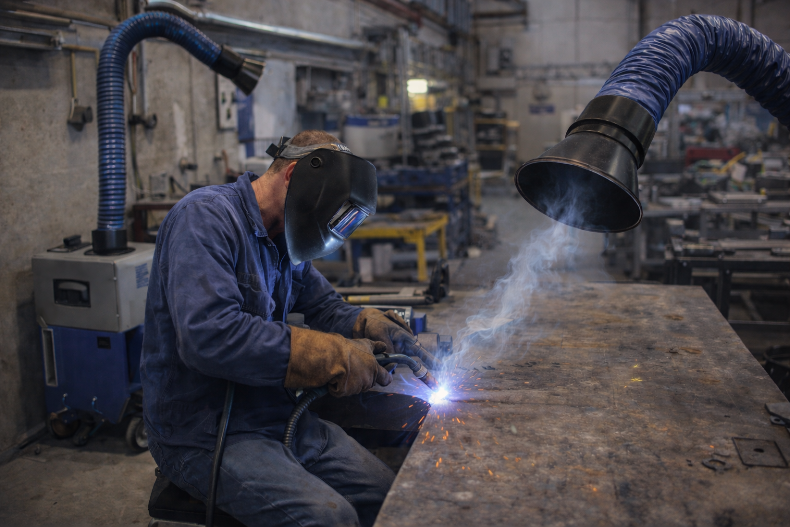 Welder working in a compact fabrication shop with a welding fume extractor capturing fumes at the source.