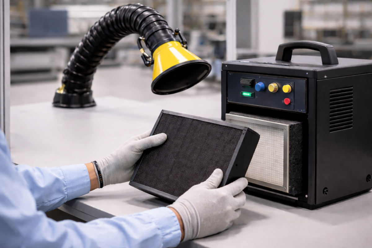 Technician replacing filter in a soldering fume extractor at an electronics workstation