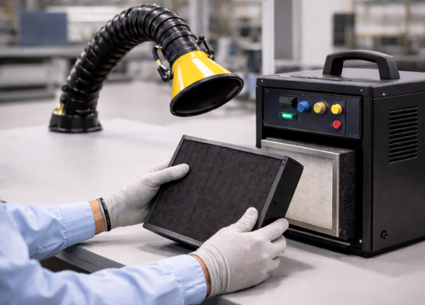 Technician replacing filter in a soldering fume extractor at an electronics workstation