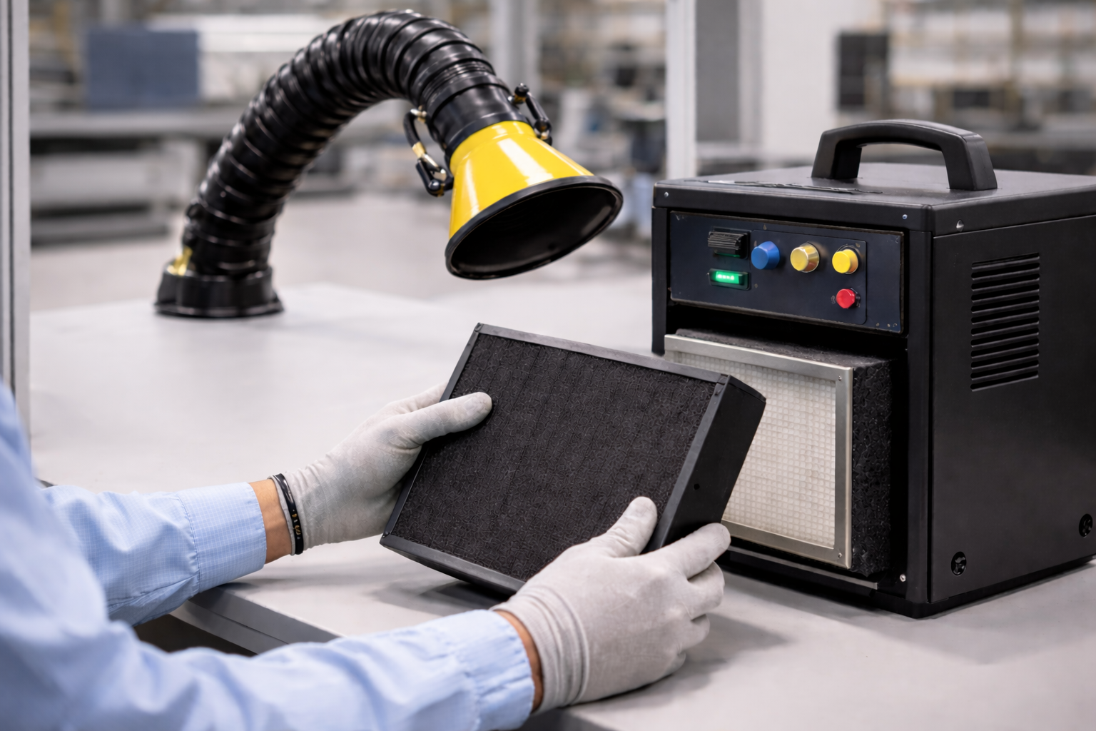 Technician replacing filter in a soldering fume extractor at an electronics workstation