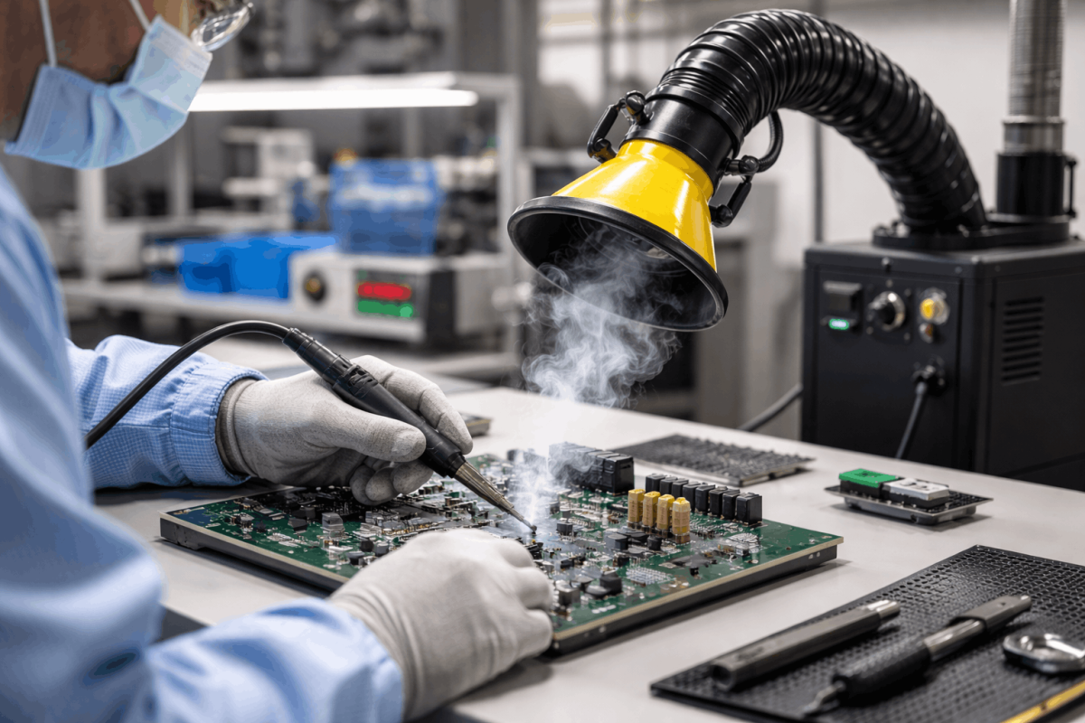Technician soldering PCB with a soldering fume extractor capturing smoke at the workstation