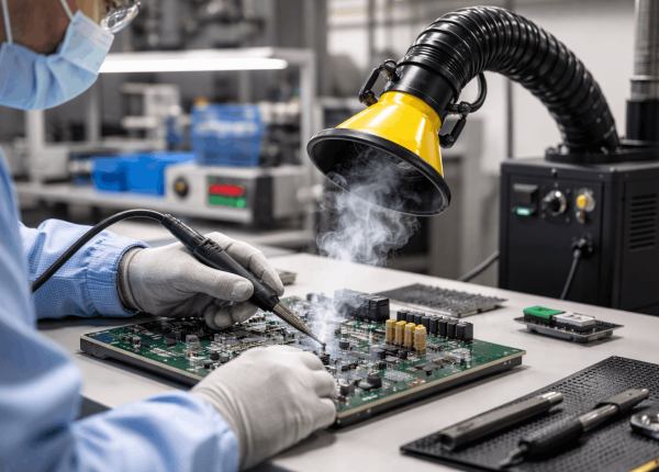 Technician soldering PCB with a soldering fume extractor capturing smoke at the workstation