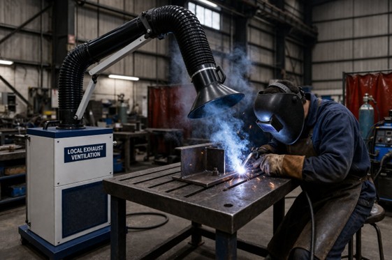 local exhaust ventilation welding system capturing fumes at source in industrial workshop
