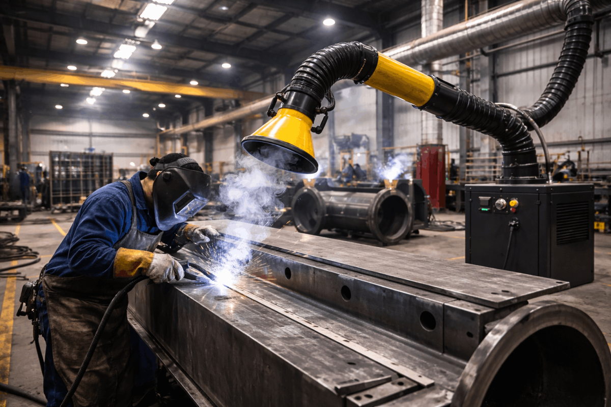 Welder using a fume extractor while welding a large steel structure in a heavy engineering workshop