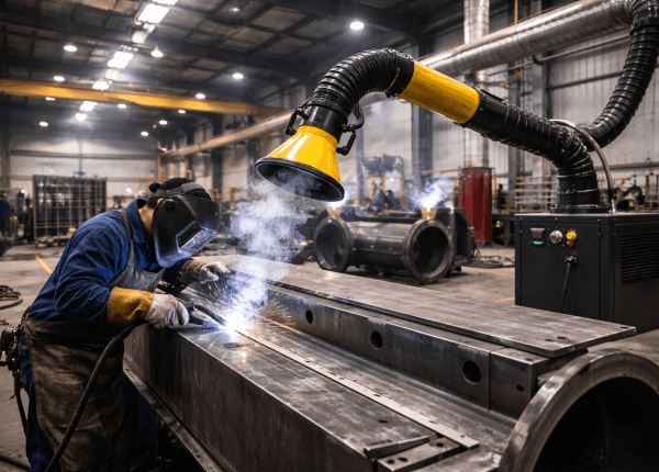 Welder using a fume extractor while welding a large steel structure in a heavy engineering workshop