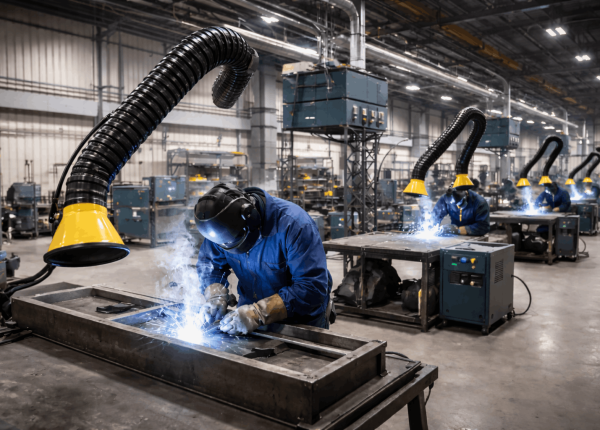 Welder using a welding fume extractor arm at a welding station in a multi-shift industrial workshop