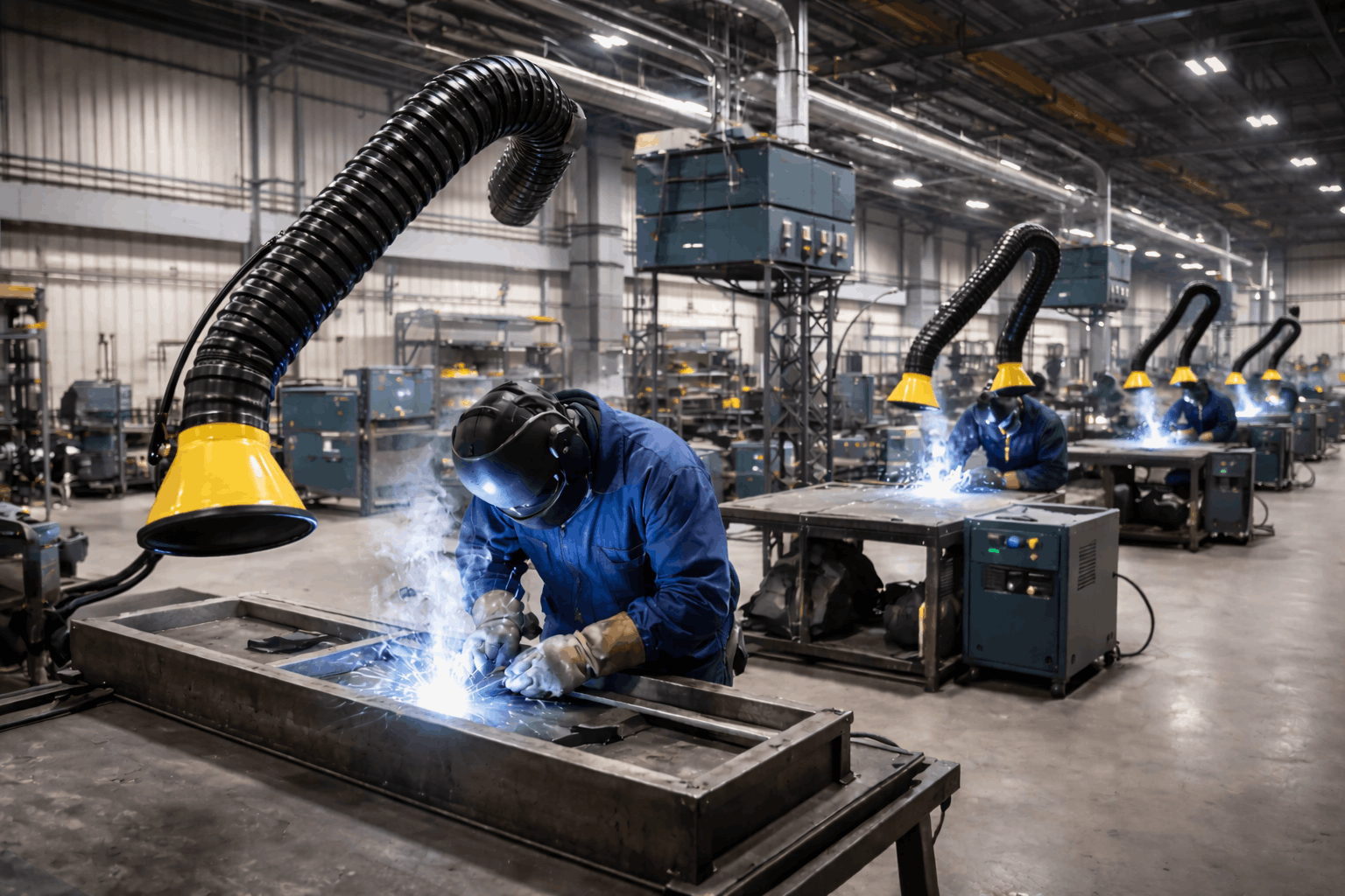 Welder using a welding fume extractor arm at a welding station in a multi-shift industrial workshop