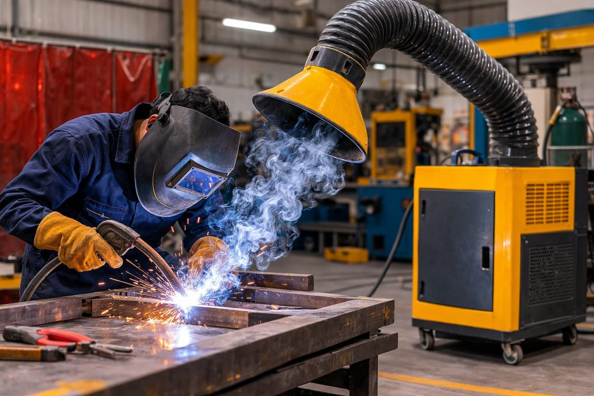 welder using welding fume extraction system in industrial fabrication shop