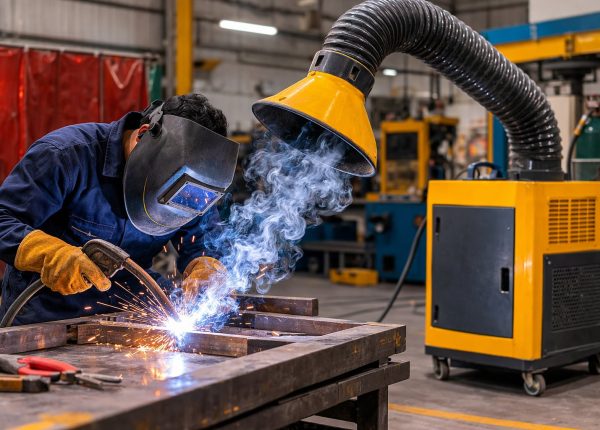 welder using welding fume extraction system in industrial fabrication shop