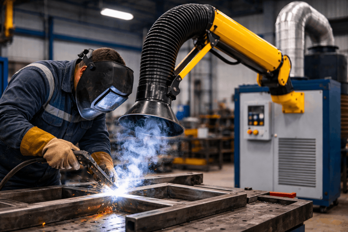 welding fume extractor capturing fumes at source using extraction arm