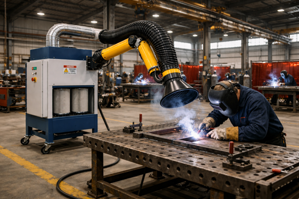 welding fume extractor for fabrication shops capturing fumes at source