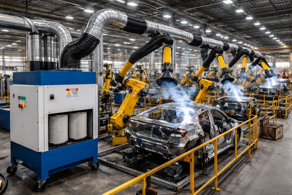 welding fume extraction system in automotive manufacturing plant capturing fumes at source