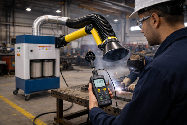 engineer measuring airflow for welding fume extractor in industrial workshop